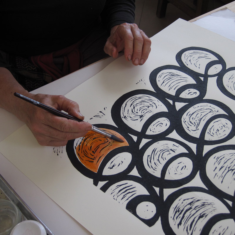 Colouring a Lino Print by Guundie Kuchling, Artist and Writer